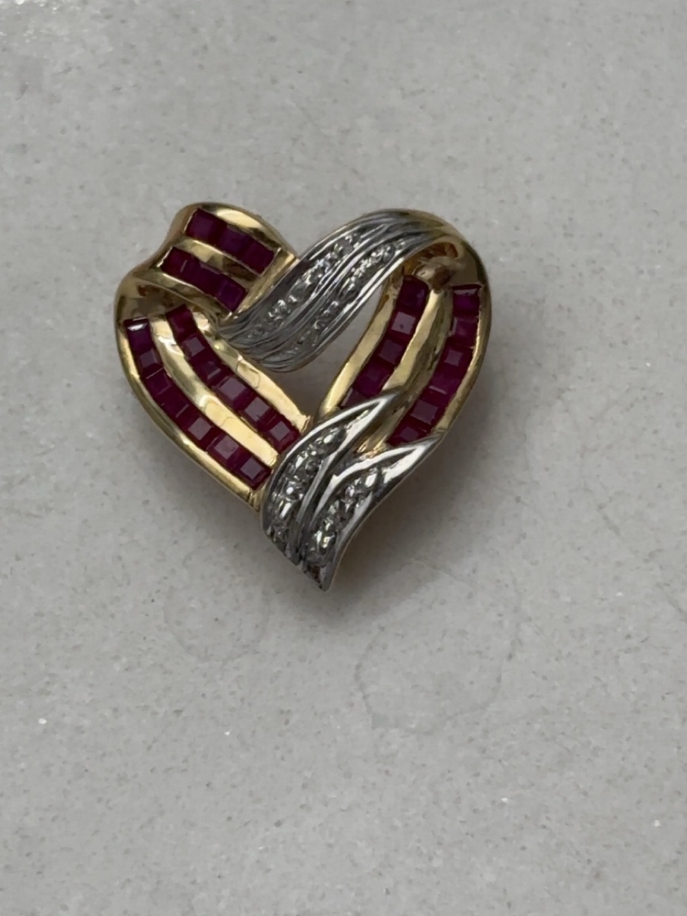 14K gold-white gold and natural ruby-diamond heart pendant